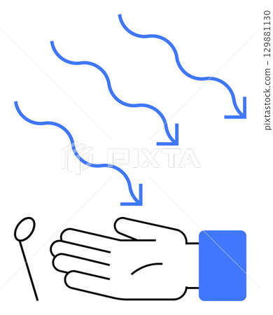 Hand positioned beneath descending blue arrows indicating airflow, accompanied by an onoff button. Ideal for hygiene, sanitation, health, hand drying, technology, public facilities cleanliness. Line Hand positioned beneath descending blue arrows indicating airflow, accompanied by an onoff button. Ideal for hygiene, sanitation, health, hand drying, technology, public facilities cleanliness. Line 129881130