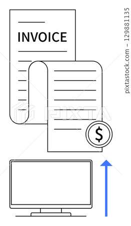 Computer monitor underneath a long invoice with a dollar symbol, connected by a blue arrow. Ideal for finance, accounting, billing systems, online transactions, e-commerce, digital receipts, business 129881135