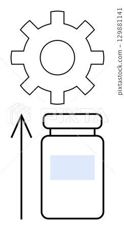 Gear above a jar with an upward arrow. Ideal for themes of progress, improvement, productivity, automation, technology manufacturing and growth. Line metaphor. Line metaphor. Simple line icons Gear above a jar with an upward arrow. Ideal for themes of progress, improvement, productivity, automation, technology manufacturing and growth. Line metaphor. Line metaphor. Simple line icons 129881141