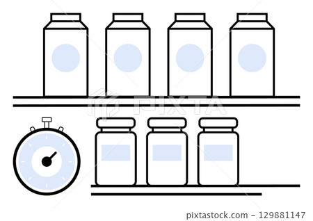 Shelves with bottles and jars, clock. Ideal for organization, time management, efficiency, storage, productivity, minimalism Line metaphor 129881147