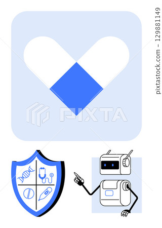 Heart-thumbs up medicine symbol, shield with medical symbols, and pointing robot. Ideal for healthcare technology, medical innovation, digital health, AI in medicine, robotic assistants 129881149