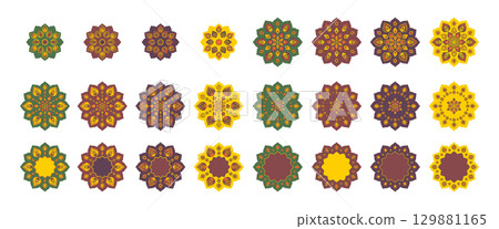 Set of Indian Rangoli for Diwali, festival of lights. Geometric abstract flower, mandala. Green and brown, yellow colors. Vector illustration. 129881165