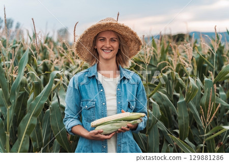 Farmer holding corn cobs and smiling in a cornfield 129881286
