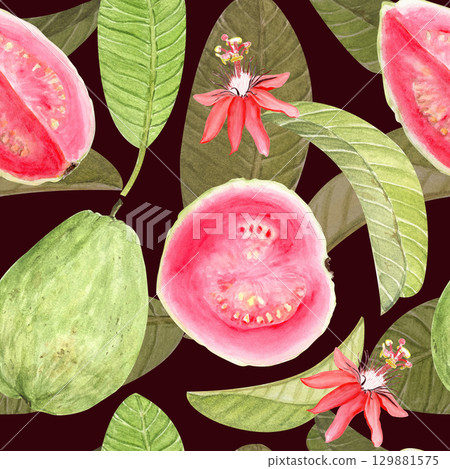 Guava fruits, passion flowers, leaves seamless tropical pattern on dark background. Hand painted watercolor illustrations. Ideal for textile design, packaging, wallpapers, eco-friendly branding 129881575
