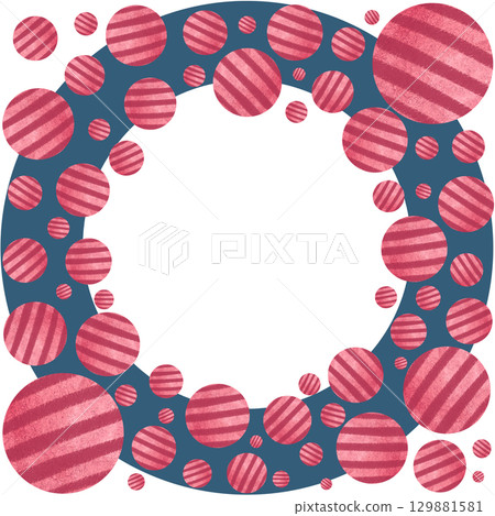 Red striped balls on a dark blue background. Watercolor circular frame isolated on white. Playful, clean layout perfect for cards, invitations, pet-themed designs, creative compositions, copy space 129881581