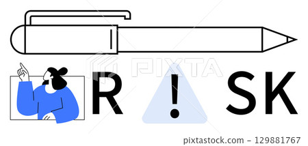 Pen pointing towards word RISK, person pointing upwards, exclamation mark inside triangle. Ideal for risk management, business strategy, decision-making, caution, awareness, security financial 129881767