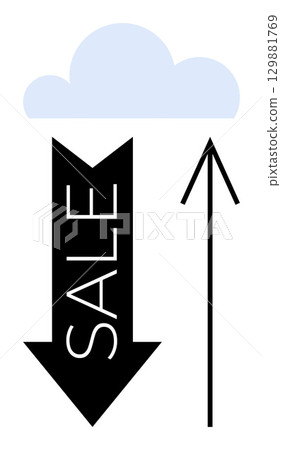 Black arrow pointing down labeled SALE next to a thin black arrow pointing up beneath a light blue cloud. Ideal for marketing, sales trends, direction, retail, advertising, business strategy. Line 129881769