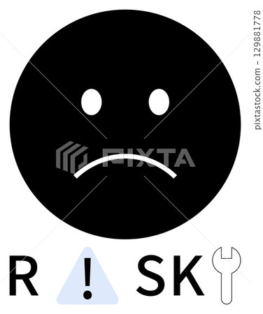 Sad face emoticon with letters RISKY, including a warning triangle for I and a wrench for Y. Ideal for caution, danger, risk assessment, troubleshooting, repair, problem-solving and safety. Line Sad face emoticon with letters RISKY, including a warning triangle for I and a wrench for Y. Ideal for caution, danger, risk assessment, troubleshooting, repair, problem-solving and safety. Line 129881778