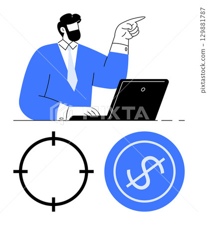 Businessman pointing while using a laptop, accompanied by target and dollar sign symbols. Ideal for business strategy, financial planning, goal setting, leadership, marketing, entrepreneurship 129881787