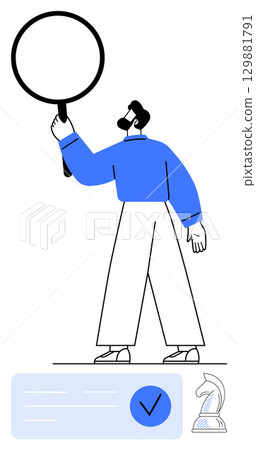 A businessperson examines data through a large magnifying glass, standing by a checklist with a checkmark and a chess knight. Ideal for research, analysis, strategy planning, task management, quality 129881791