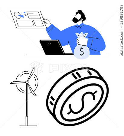 Businessman analyzing charts, holding money bag near laptop wind turbine, large coin. Ideal for finance, investment, renewable energy, sustainability, economic growth, environmental issues savings Businessman analyzing charts, holding money bag near laptop wind turbine, large coin. Ideal for finance, investment, renewable energy, sustainability, economic growth, environmental issues savings 129881792