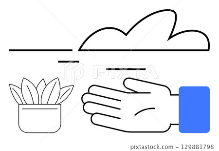 Outlined hand with blue sleeve, plant in a pot, and uniquely shaped cloud. Ideal for nature, growth, environment, technology, minimalism abstract and sustainability. Line metaphor 129881798