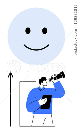 Man with telescope and large smiling face highlights optimism exploration, and future growth. Ideal for creativity, innovation, positive thinking, exploration, perspective, motivation, inspiration 129881815
