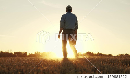 Farmer walking through wheat field in rubber boots, , agriculture, business of farming wheat, early morning harvest, trail of the wheat farmer, wheat harvest: a farmer's tale, farming the future 129881822