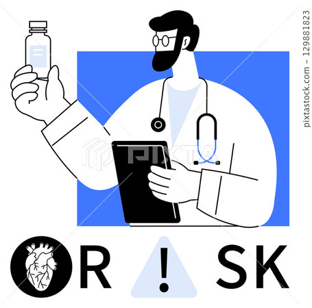 Doctor holding a medicine bottle and tablet, wearing a stethoscope. Heart symbol and exclamation mark warning. Ideal for healthcare, medical advice, preventive care, pharmaceutical use Doctor holding a medicine bottle and tablet, wearing a stethoscope. Heart symbol and exclamation mark warning. Ideal for healthcare, medical advice, preventive care, pharmaceutical use 129881823