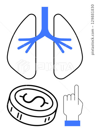 Diagram of human lungs in blue and black, dollar coin, and pointing hand. Ideal for healthcare, economic discussions, medical education, financial planning, respiratory health, public awareness Diagram of human lungs in blue and black, dollar coin, and pointing hand. Ideal for healthcare, economic discussions, medical education, financial planning, respiratory health, public awareness 129881830