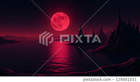 月光將萬物染紅，夢幻的夜景倒映在水面上。 129881831