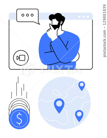 Man engaged in a virtual meeting while thinking, video call icon, coins, and map with location pins. Ideal for remote work, virtual meetings, global business, finance, investment strategies online 129881839