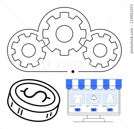 Gears inside cloud represent technology, computer screen displays online shopping, dollar coin indicates commerce. Ideal for technology, e-commerce, automation, finance, cloud computing, business Gears inside cloud represent technology, computer screen displays online shopping, dollar coin indicates commerce. Ideal for technology, e-commerce, automation, finance, cloud computing, business 129881853