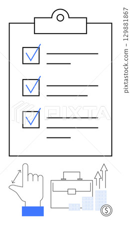 Hand pointing at checklist on clipboard with three checked boxes. Icons of briefcase, ascending arrows, bar graphs, and dollar coin. Ideal for productivity, organization, business growth, financial 129881867