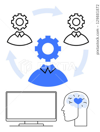 Human figures with gear heads connected by arrows surrounding central blue gear figure, computer screen, and brain with heart. Ideal for teamwork, workflow, HR, AI, mental health, innovation 129881872