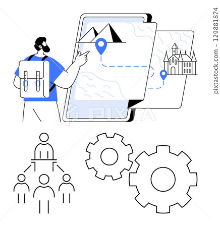 Traveler with backpack interacts with digital map showing a route. Also features gears symbolizing processes and a hierarchical organizational chart. Ideal for travel, navigation, planning 129881874