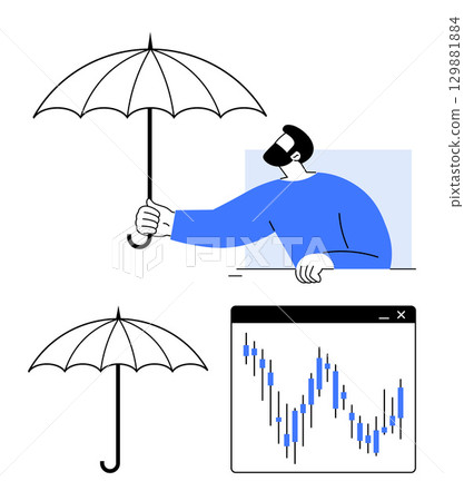 Businessman holding umbrella, stock market chart in digital frame, umbrella by itself. Ideal for finance, investment, insurance, risk management, protection security business strategy. Line 129881884