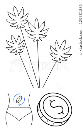 Cannabis plants, coin with dollar sign, arrow rotating over abdomen area. Ideal for health and wellness, medicine, financial investment, cannabis industry, alternative medicine, fitness holistic 129881886