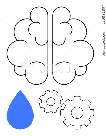 Simplified brain outline paired with gears and blue water drop symbol. Ideal for cognitive science, creativity, problem solving, mental health awareness, innovation, workflow automation, educational Simplified brain outline paired with gears and blue water drop symbol. Ideal for cognitive science, creativity, problem solving, mental health awareness, innovation, workflow automation, educational 129881894