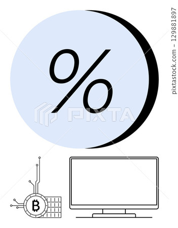 Percentage symbol in a blue circle with shadow highlight. Below, a Bitcoin cryptocurrency circuit connects to a blank monitor screen. Ideal for fintech, economics, investment, education, blockchain Percentage symbol in a blue circle with shadow highlight. Below, a Bitcoin cryptocurrency circuit connects to a blank monitor screen. Ideal for fintech, economics, investment, education, blockchain 129881897