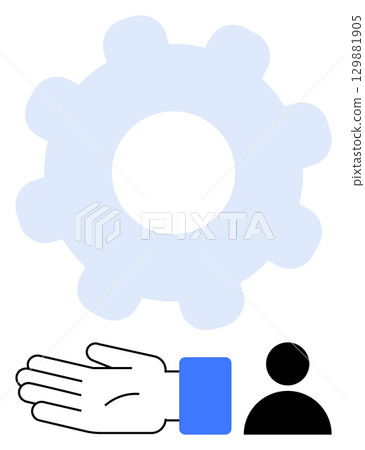 Gear in background, hand with blue sleeve, and person figure demonstrate teamwork, support, collaboration, assistance, human relations, mechanics and community. Ideal for teamwork support Gear in background, hand with blue sleeve, and person figure demonstrate teamwork, support, collaboration, assistance, human relations, mechanics and community. Ideal for teamwork support 129881905