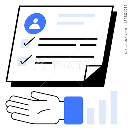 Open hand reaching out to document checklist with completed tasks, user icon, bar chart. Ideal for business, assistance, data analysis, collaboration, management evaluation productivity. Line 129881911