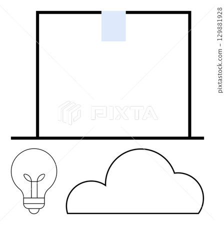 Minimalist design of a laptop screen, light bulb, and cloud. Ideal for innovation, cloud computing, technology, brainstorming, creativity minimalism digital concepts. Line metaphor Minimalist design of a laptop screen, light bulb, and cloud. Ideal for innovation, cloud computing, technology, brainstorming, creativity minimalism digital concepts. Line metaphor 129881928