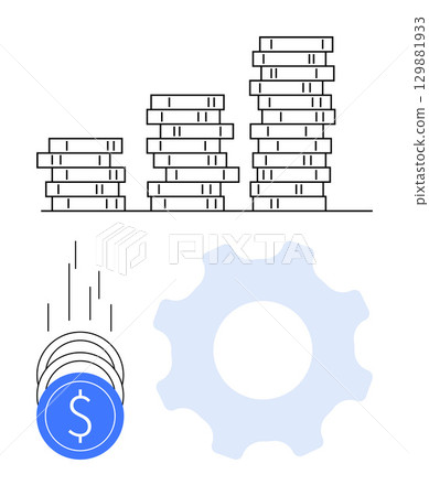 Coins stacking into piles, falling coins, and a cogwheel representing financial growth. Ideal for economics, business strategies, financial planning, investment ideas, wealth management, process 129881933