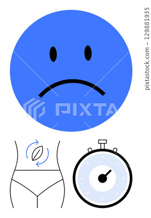 Sad blue face stomach with cramp-arrows timer. Ideal for health, stress, anxiety, discomfort, digestion issues, time management. Emphasizes physical and emotional distress. Line metaphor 129881935