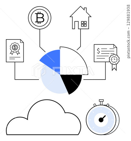Pie chart splitting into several parts, Bitcoin symbol, house, certificates with ribbon, stop clock, and cloud. Ideal for financial planning, cryptocurrencies, real estate investments time 129881938