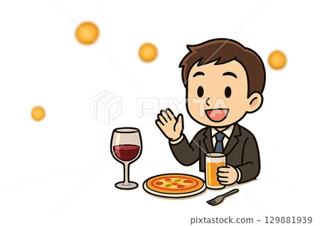 Illustration of a miniature male character signaling with red wine and pizza 129881939