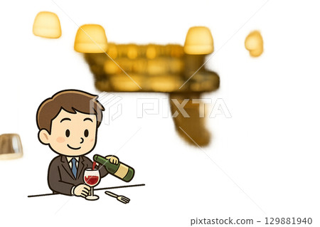 義大利餐廳裡一個微型男性角色倒酒的插圖 129881940