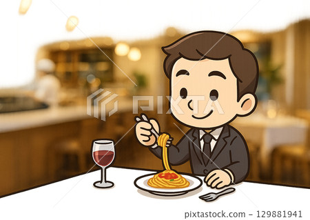 Illustration of a miniature male character rolling pasta in an Italian open kitchen 129881941