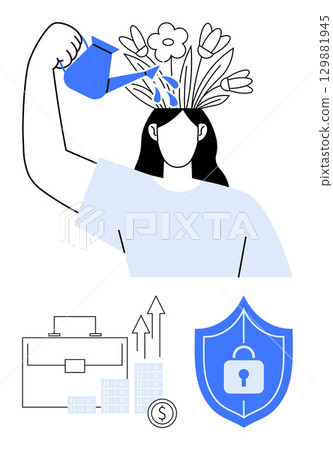 Person watering flowers growing from their head, symbolizing mental growth. Includes briefcase, growth chart, money, and shield with lock. Ideal for mental health, personal growth, security 129881945