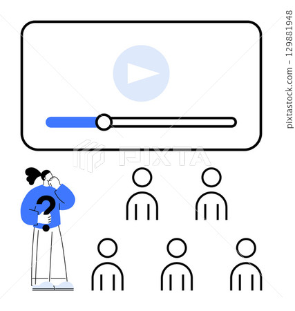Video player progress bar play button, student holding question mark, five peers. Ideal for education, e-learning, online classes, virtual lessons, digital learning, knowledge sharing, student 129881948