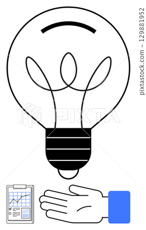 Lightbulb enclosed by three loops, clipboard with checklists, hand supporting. Ideal for creativity, innovation, planning, teamwork, support efficiency and organization. Line metaphor 129881952