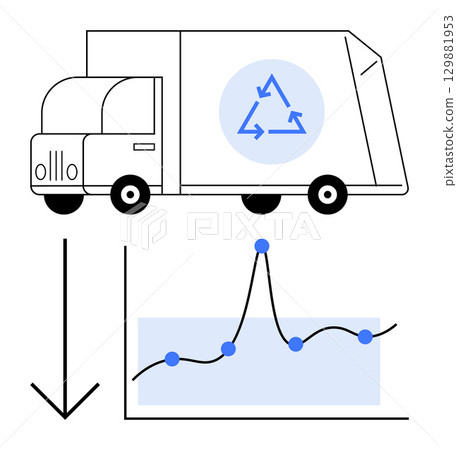Truck with recycling symbol, downward arrow, graph with fluctuating data points. Ideal for sustainability, waste reduction, recycling, environmental analysis, data trends, eco-friendly transport Truck with recycling symbol, downward arrow, graph with fluctuating data points. Ideal for sustainability, waste reduction, recycling, environmental analysis, data trends, eco-friendly transport 129881953