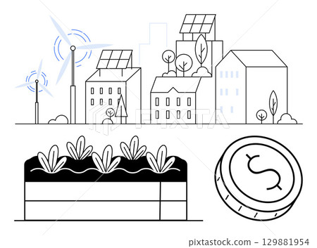 Cityscape with solar panels, wind turbines, and sustainable buildings. Urban garden plot with growing plants and a coin symbol. Ideal for sustainability, green energy, urban development, eco-friendly Cityscape with solar panels, wind turbines, and sustainable buildings. Urban garden plot with growing plants and a coin symbol. Ideal for sustainability, green energy, urban development, eco-friendly 129881954
