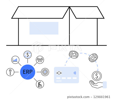 Warehouse icon, ERP hub with various modules connected, credit card, financial transactions, dollar coins. Ideal for business, finance, logistics, supply chain automation warehousing IT solutions 129881961