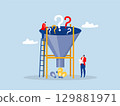 Idea funnel,businessman with funnel or filter to get solution from question mark.solution or result from business difficulty, research vector 129881971