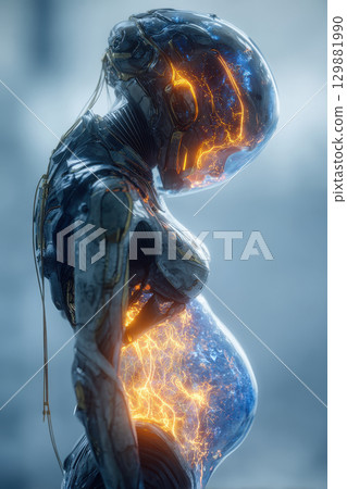Futuristic cybernetic humanoid with glowing core in advanced technology setting 129881990