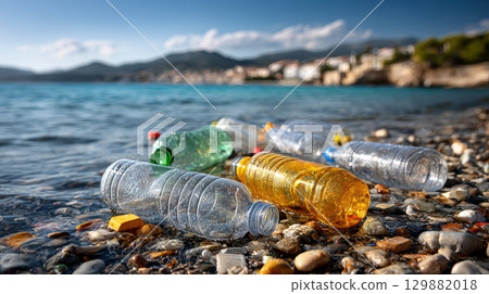 Plastic bottles and environmental pollution on rocky beach shoreline under clear sky 129882018