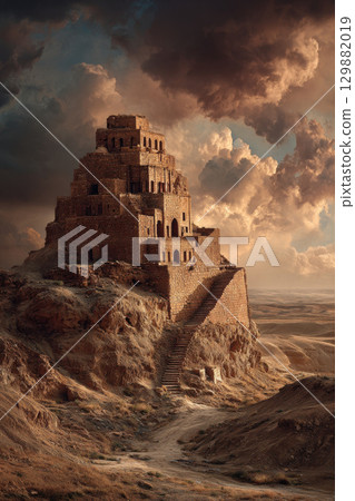 Majestic ancient ziggurat against dramatic sky in remote desert landscape at sunset 129882019