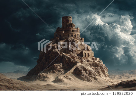 Ancient stone fortress on mountainous terrain against dramatic cloudy sky 129882020